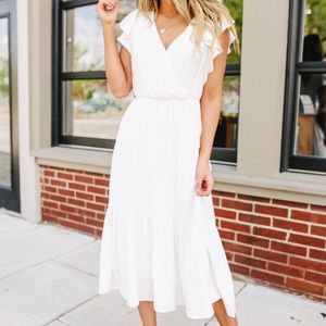 Ruffle Sleeve White Midi Dress